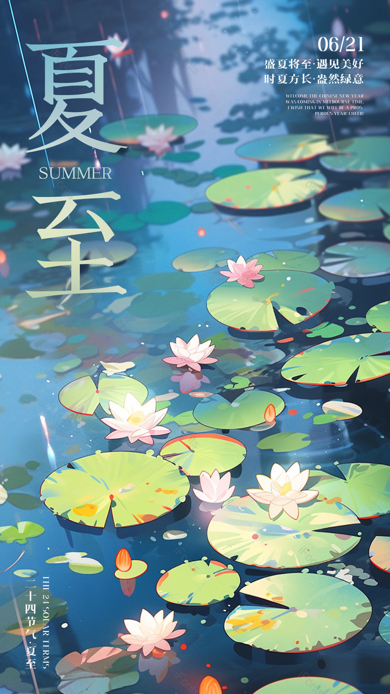 卡通清新手绘池塘荷叶荷花夏至节气海报,设计模板,设计模板大全,设计模板下载